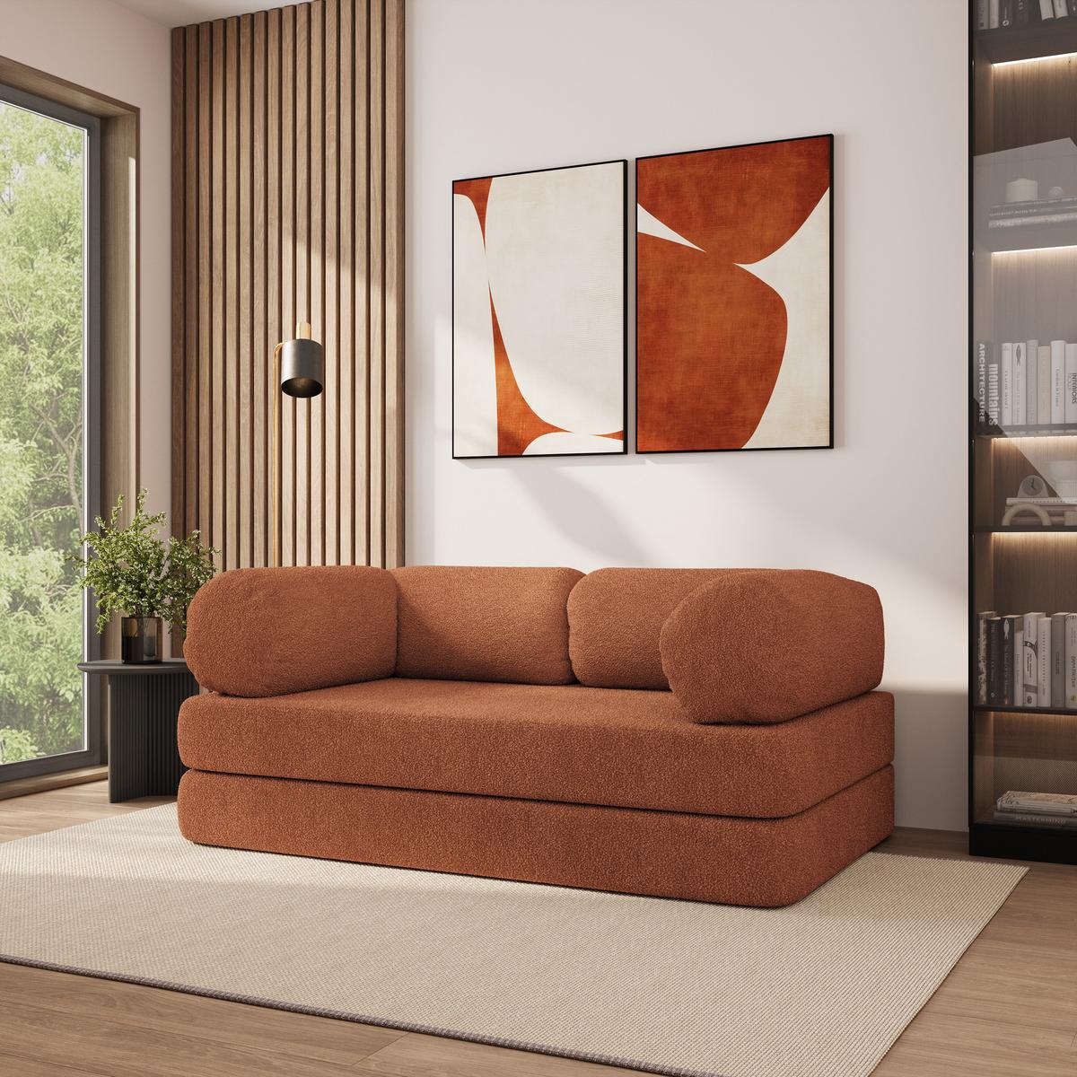 BETTSOFA EIREN aus Schaumstoff Bucle-Stoff Orange Schlaffunktion - Orange, Textil (170/68/80cm) - MASSENO