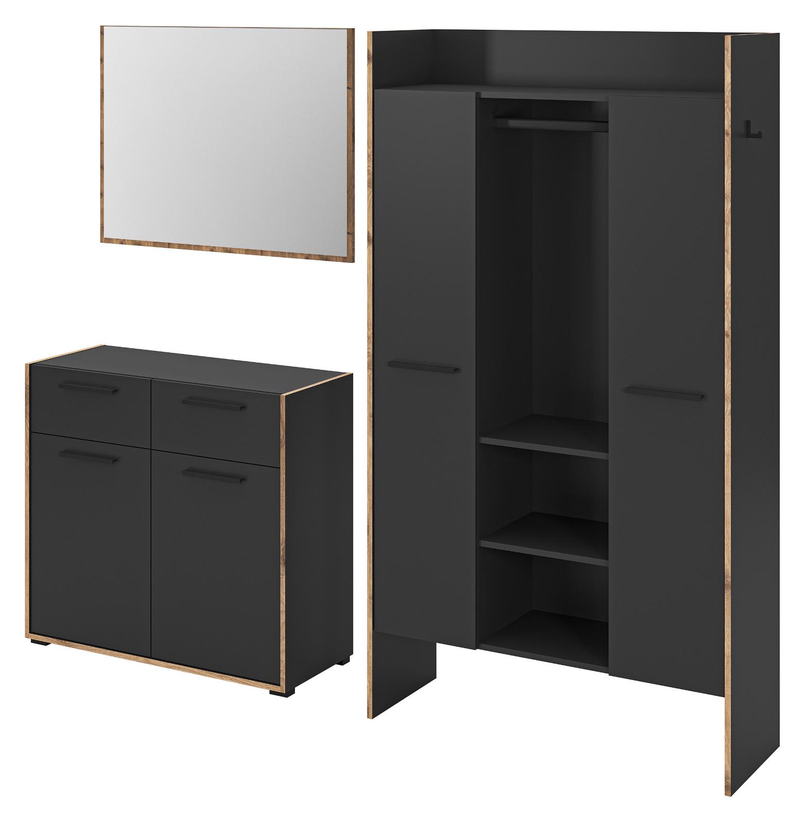 GARDEROBEN-SET 3-teilig grau, Eiche Nox 215 cm, Komplettset mit viel Stauraum - Eichefarben/Schwarz, Glas/Holzwerkstoff (215/189/37cm) - Inn.Furn