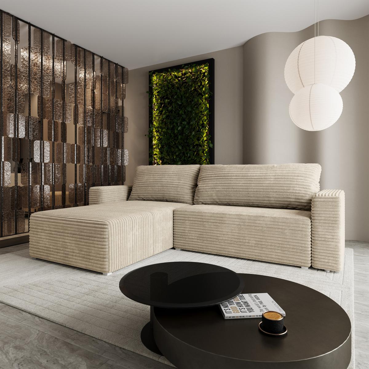 ECKSOFA CALTI T Creme Kordstoff mit Schlaffunktion - Creme, Holzwerkstoff/Textil (283/183cm) - MASSENO
