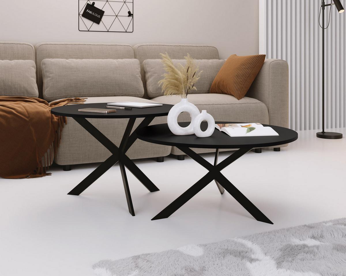 COUCHTISCH-SET Lev 2er-Set rund, Schwarz 75/36, 58/42 - Schwarz, Holzwerkstoff/Metall (75/75/42cm) - WFL GROUP