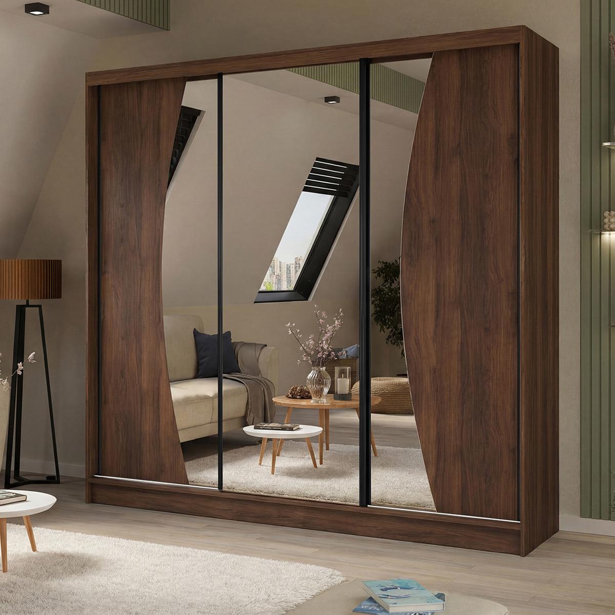 SCHWEBETÜRENSCHRANK Vox II mit Schubladen und Spiegel 240/216/61 Walnuss - Walnussfarben, Holzwerkstoff (240/216/61cm) - Beautysofa
