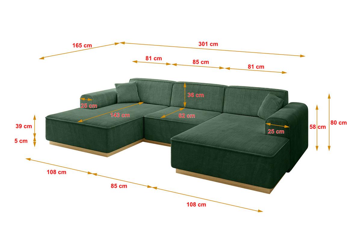 WOHNLANDSCHAFT IREA-U1-v2 - 301x165x80 cm Grün - Currygelb, Holzwerkstoff/Textil (301/80/165cm) - ALTDECOR