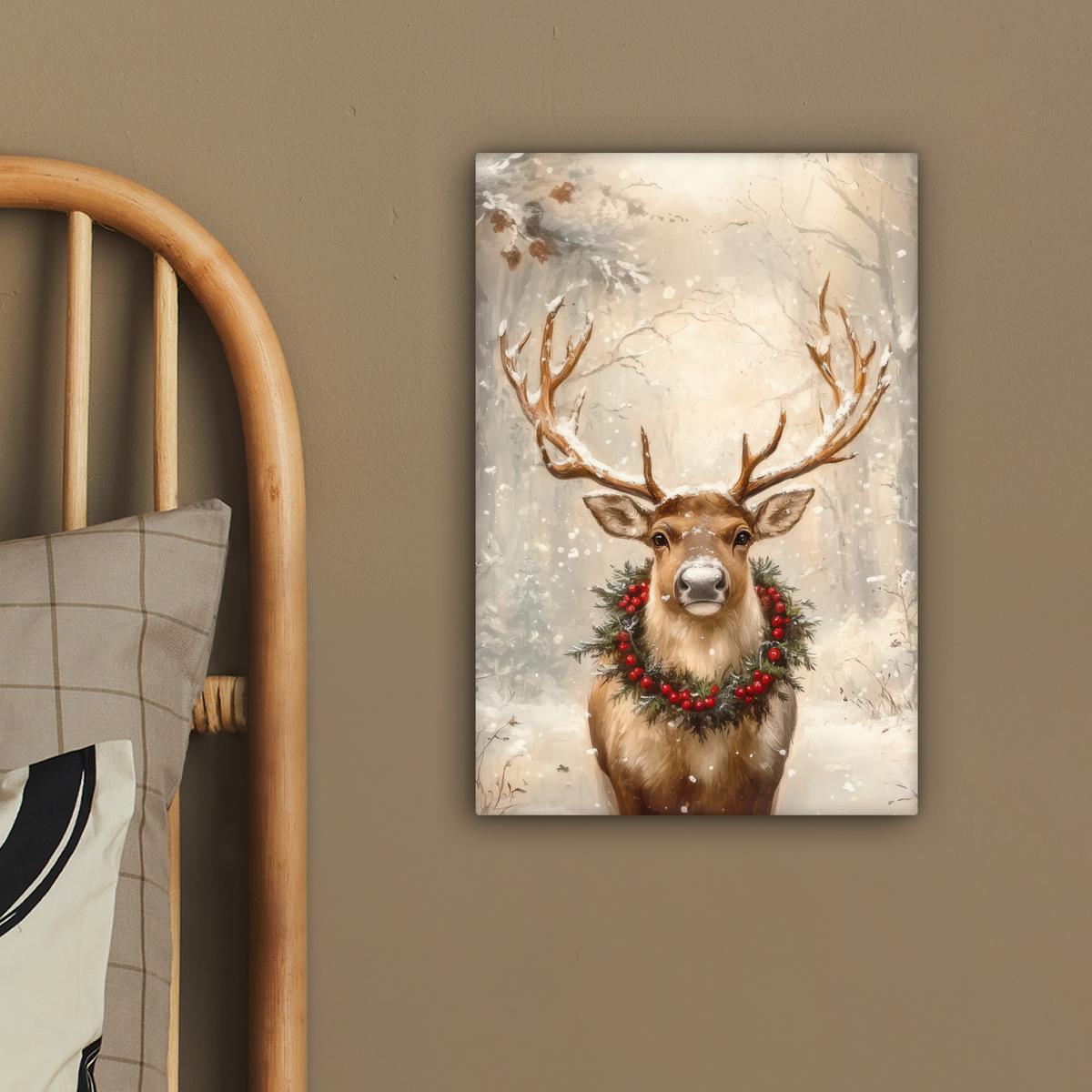 LEINWANDBILD Weihnachten - Rentier - Winter - Kranz Deko Wohnzimmer 20x30 cm - Naturfarben, Textil (20/30cm) - MuchoWow