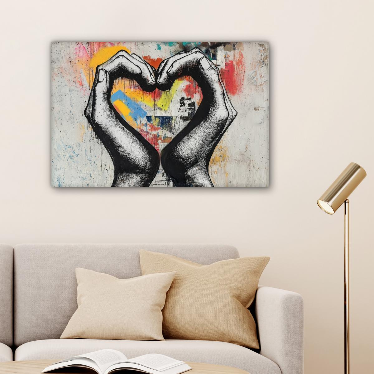LEINWANDBILD Hände - Herz - Straßenkunst - Graffiti Wanddeko 90x60 cm - Multicolor, Textil (90/60cm) - MuchoWow