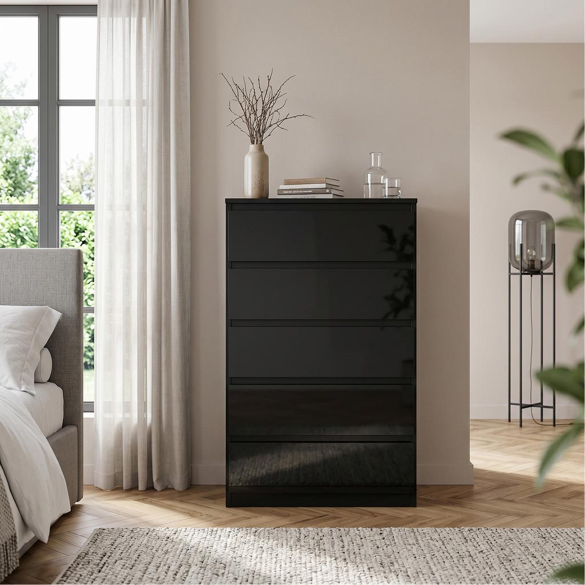 KOMMODE NUDO 70/124,5/39cm mit 5 Schubladen Türen Schwarz - Schwarz Hochglanz/Schwarz, Holzwerkstoff (70/124.5/39cm) - MASSENO