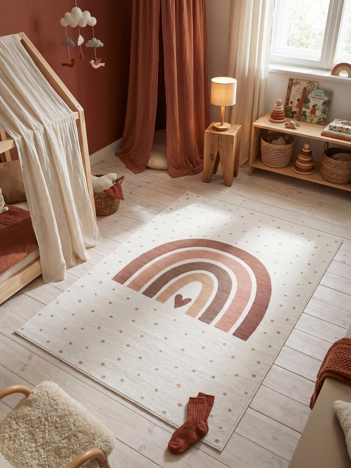 SPIELTEPPICH Waschbar TINO in Creme, mit Regenbogen- und Herz-Motiv, 160 x 230 cm - Beige, Textil (230/160cm) - KADIMA DESIGN