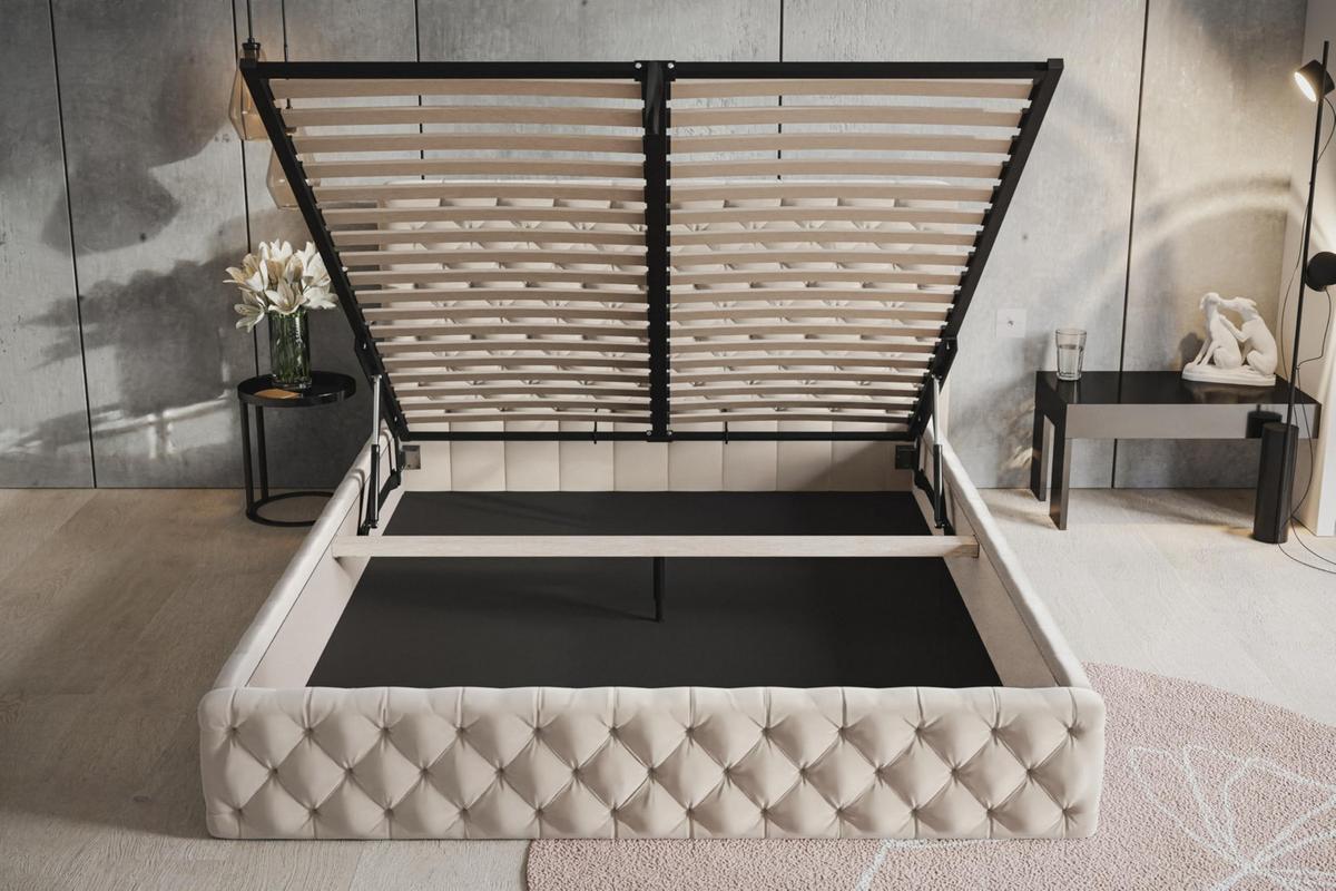 BETT 200x200 - Polsterbett mit Bettkasten und Metallrahmen - Elegant Betten - Weicher Jasminstoff - Kollektion Miami, Beige - Beige, Holz/Textil (200/200cm) - Alpi-Möbel