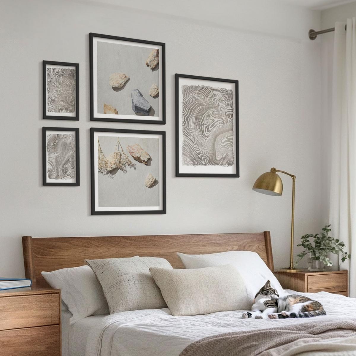 BILDER SET 5er Set - 50x50 cm & 20x30 cm & 40x60 cm Schwarzer Rahmen - Moderne abstrakte Formen - Schwarz, Kunststoff (40/60cm) - TULUP