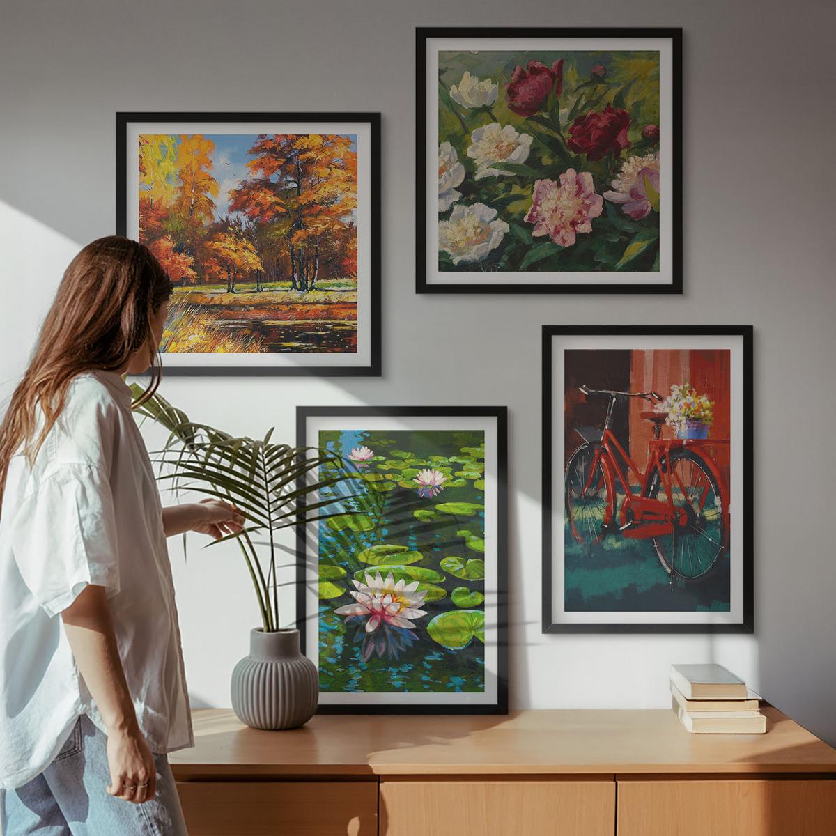BILDER SET 4er Set - 50x50 cm & 40x60 cm Schwarzer Rahmen - Herbstfarben Seerosenteich - Schwarz, Kunststoff (50/50cm) - TULUP