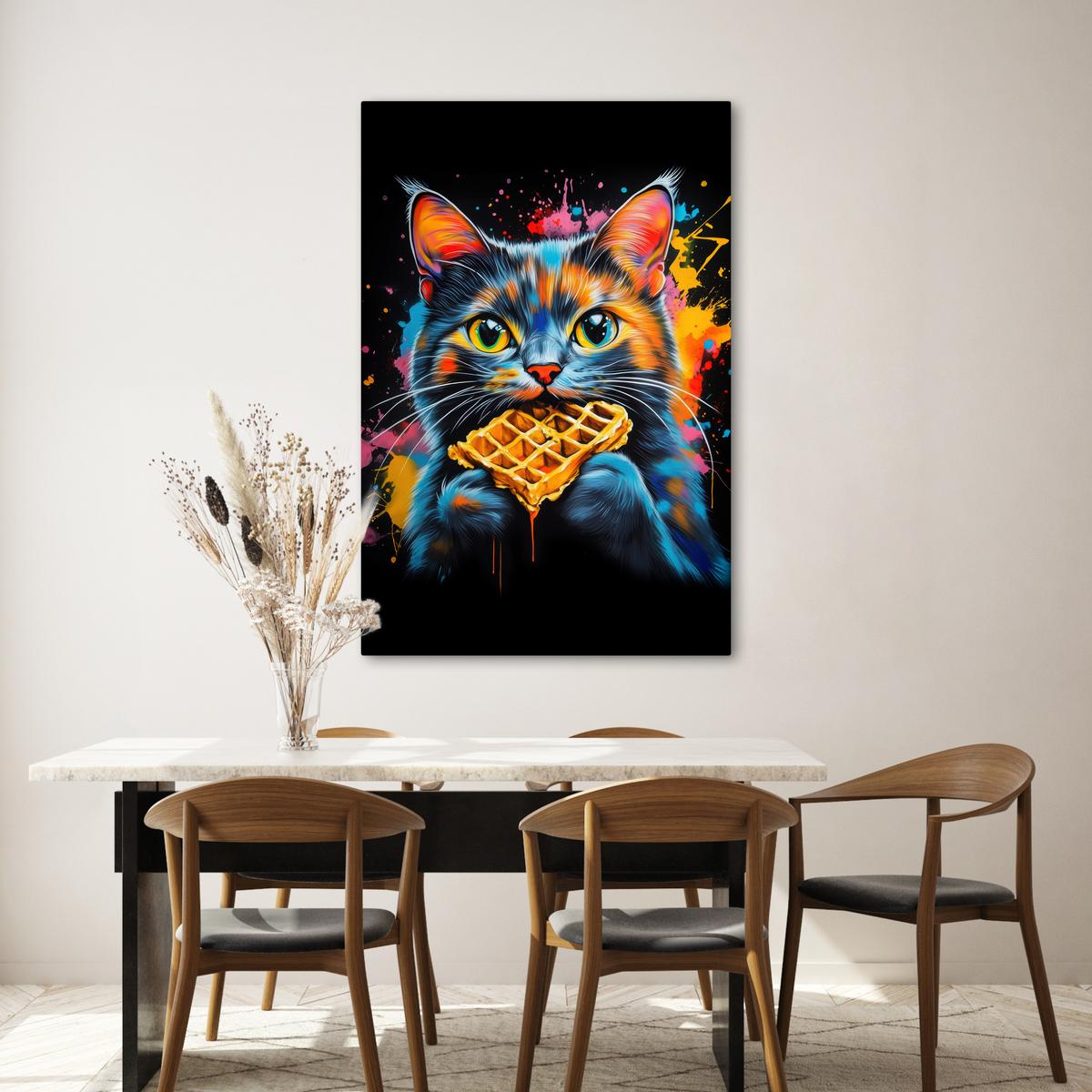 LEINWANDBILD Katze - Graffiti - Bunt - Waffel - Essen Deko XXL 80x120 cm - Türkis, Textil (80/120cm) - MuchoWow