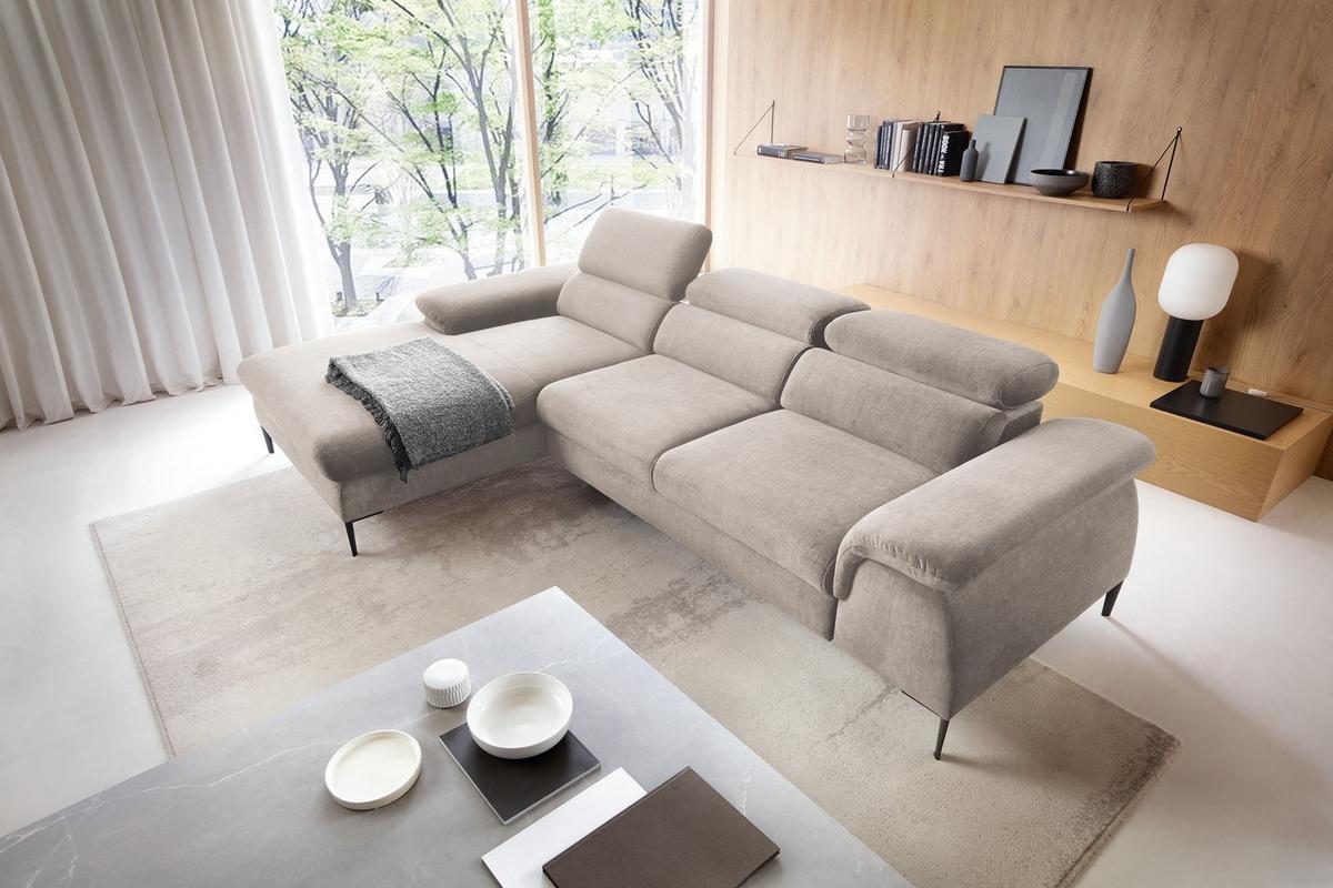 ECKSOFA MESTO Beige Velours-Stoff mit Schlaffunktion - Beige, Holz (288/182cm) - MASSENO