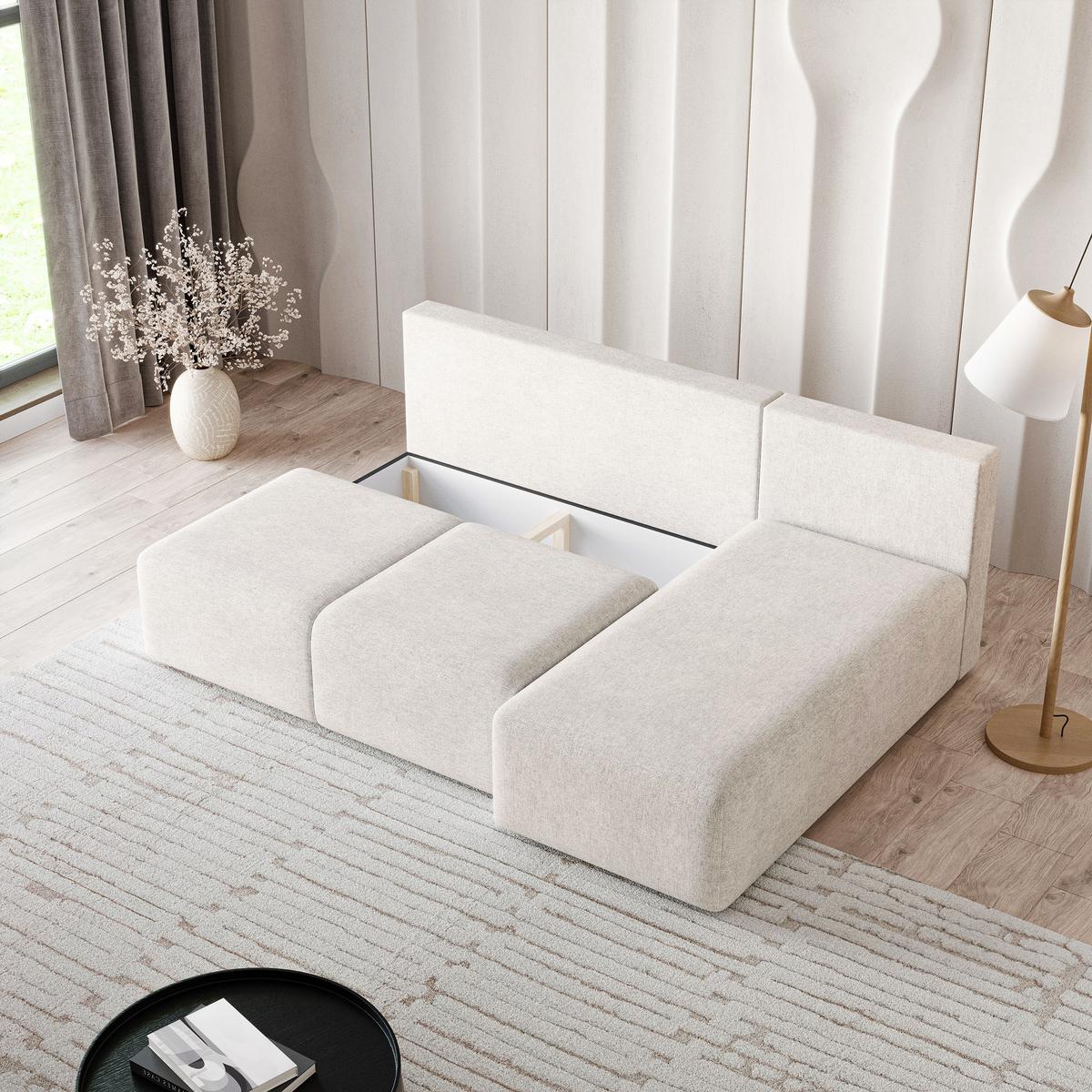 ECKSOFA TRAMA Creme Geflochtener Stoff mit Schlaffunktion - Creme, Holz (200/143cm) - MASSENO