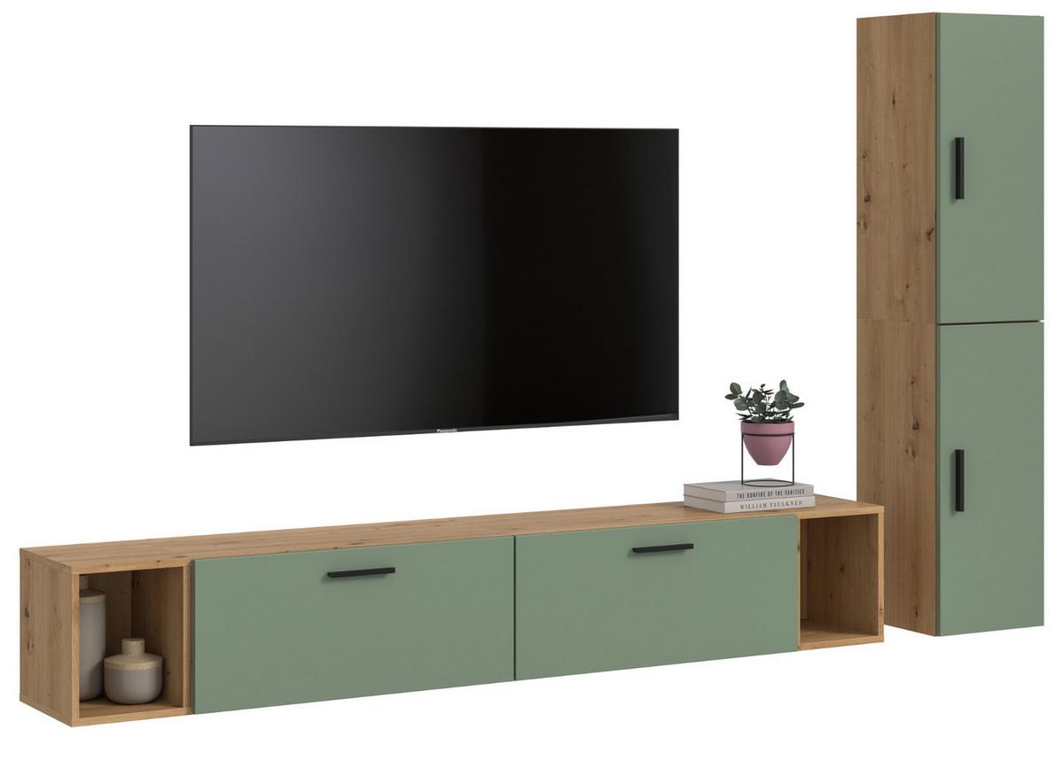 WOHNWAND grün, Eiche Artisan 249 x 184 cm, Wohnkombination hängend / stehend - Schwarz/Eiche Artisan, Holzwerkstoff/Kunststoff (249/184/34cm) - Inn.Furn