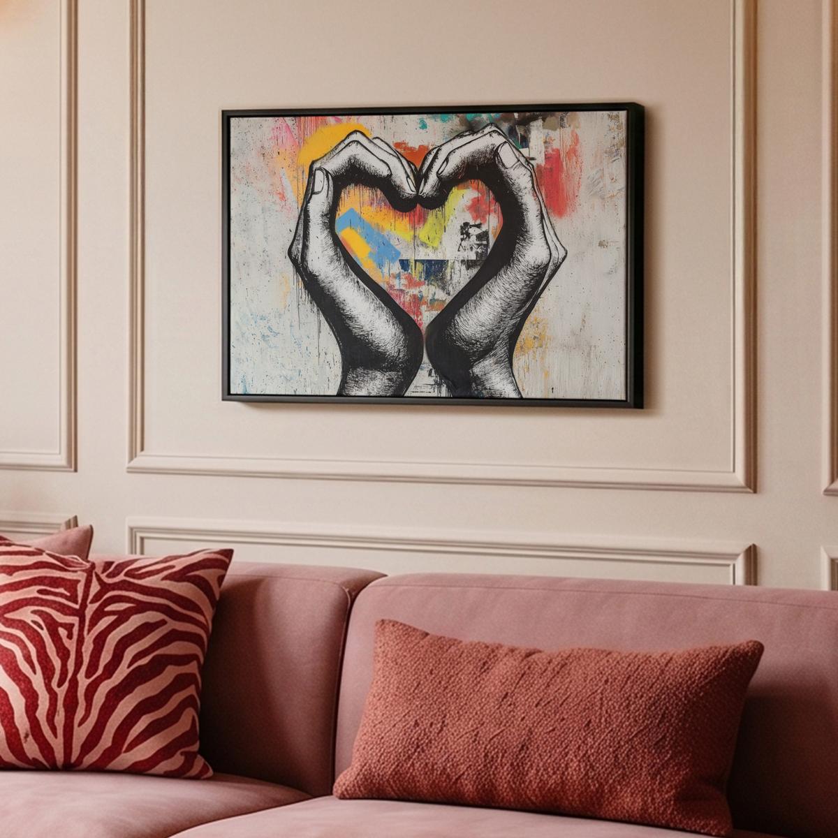 LEINWAND Bilder mit Rahmen - Hände - Herz - Straßenkunst - Graffiti - 60x40 - Multicolor, Textil (60/40cm) - MuchoWow