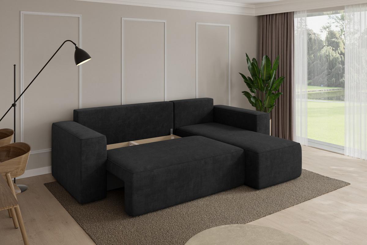 ECKSOFA mit Schlaffunktion Ottomane Rechts SENO-L 249x139x85 Schwarz Velours - Schwarz, Holzwerkstoff/Kunststoff (249/139cm) - ALTDECOR