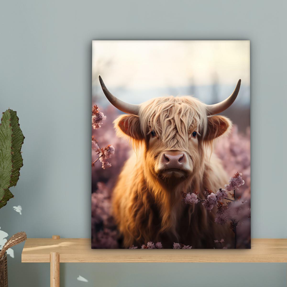 LEINWANDBILD Schottischer Hochländer - Frühling - Hochland Room Decor 30x40 cm - Hellrosa, Textil (30/40cm) - MuchoWow