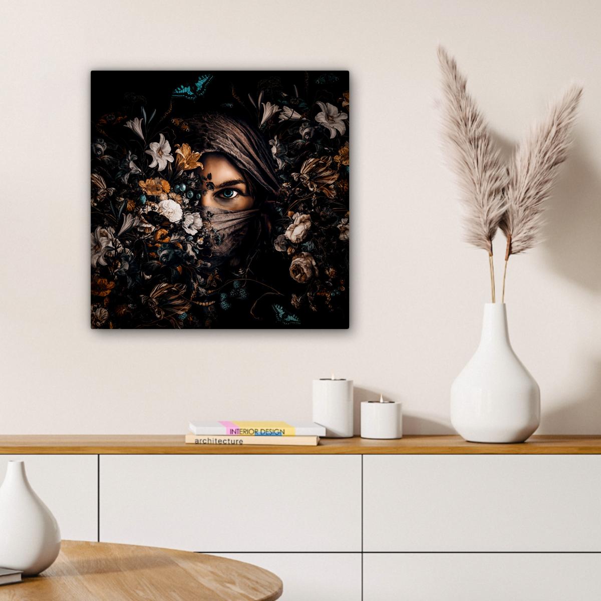 LEINWANDBILD Frau - Luxus - Blumen - Schmetterling - Porträt Wandbild Wohnzimmer 50x50 cm - Schwarz, Textil (50/50cm) - MuchoWow