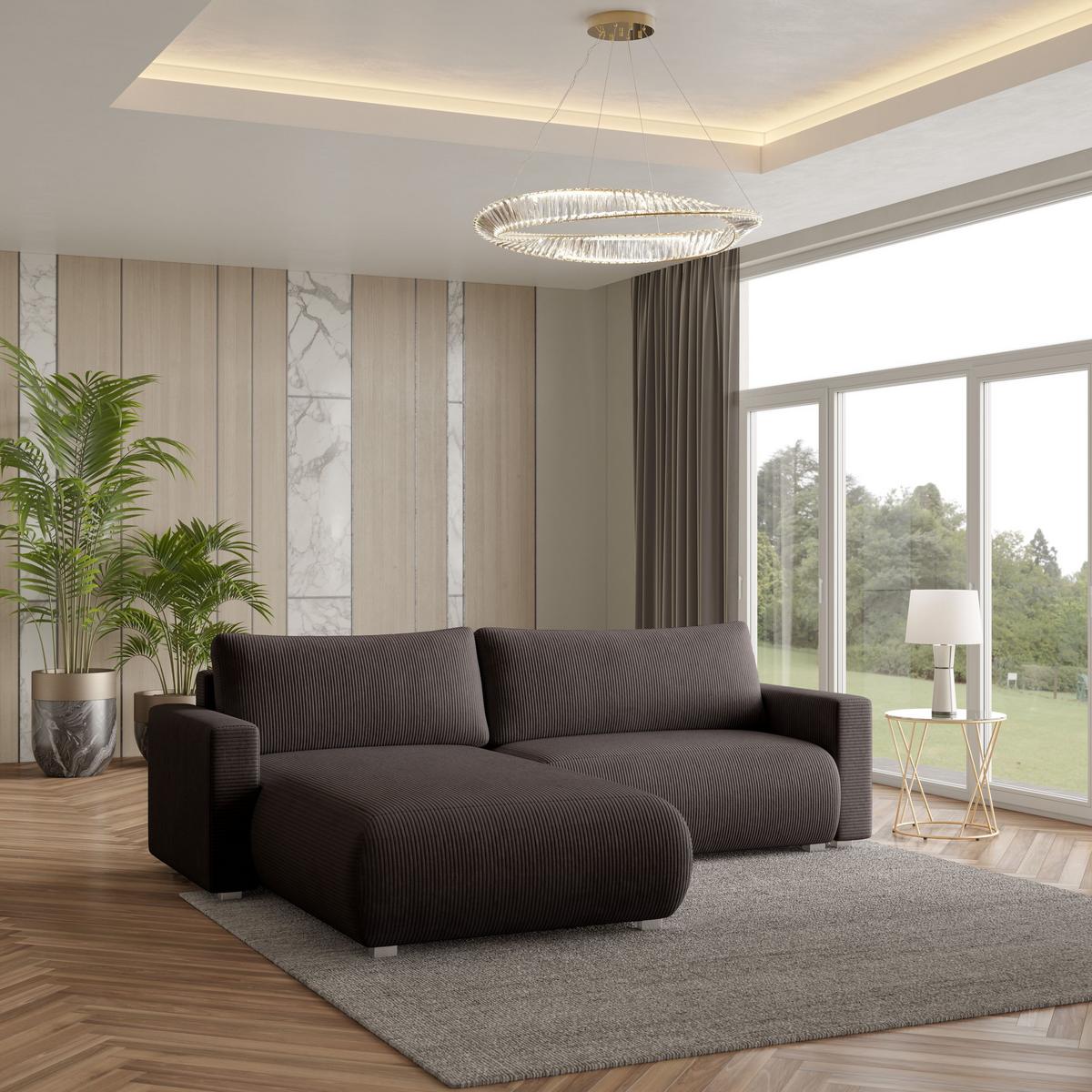 ECKSOFA TURIN P Braun Kordstoff mit Schlaffunktion - Braun/Grau, Holz/Kunststoff (265/183cm) - MASSENO