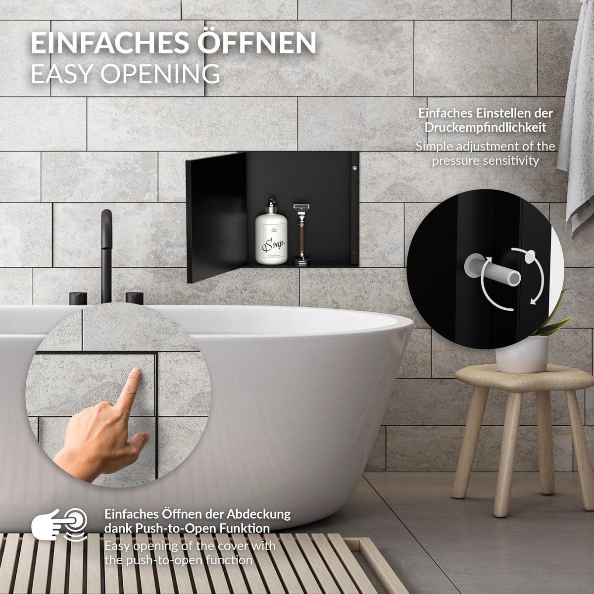 DUSCHNISCHE Edelstahl mit befliesbarer Tür Schwarz 25,5/25,5 cm - Schwarz, Metall (30/10/30cm) - LuxeBath