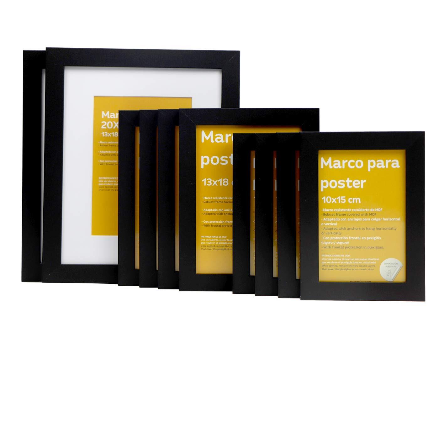 RAHMEN Set mit 10 aus MDF und Acrylglas Schutz und Aussteller für Fotografien, Bilder, Poster, Gemälde Farbe Schwarz 20x25, 13x18, 10x15 cm - Schwarz, Holz (20/3cm) - Nacnic