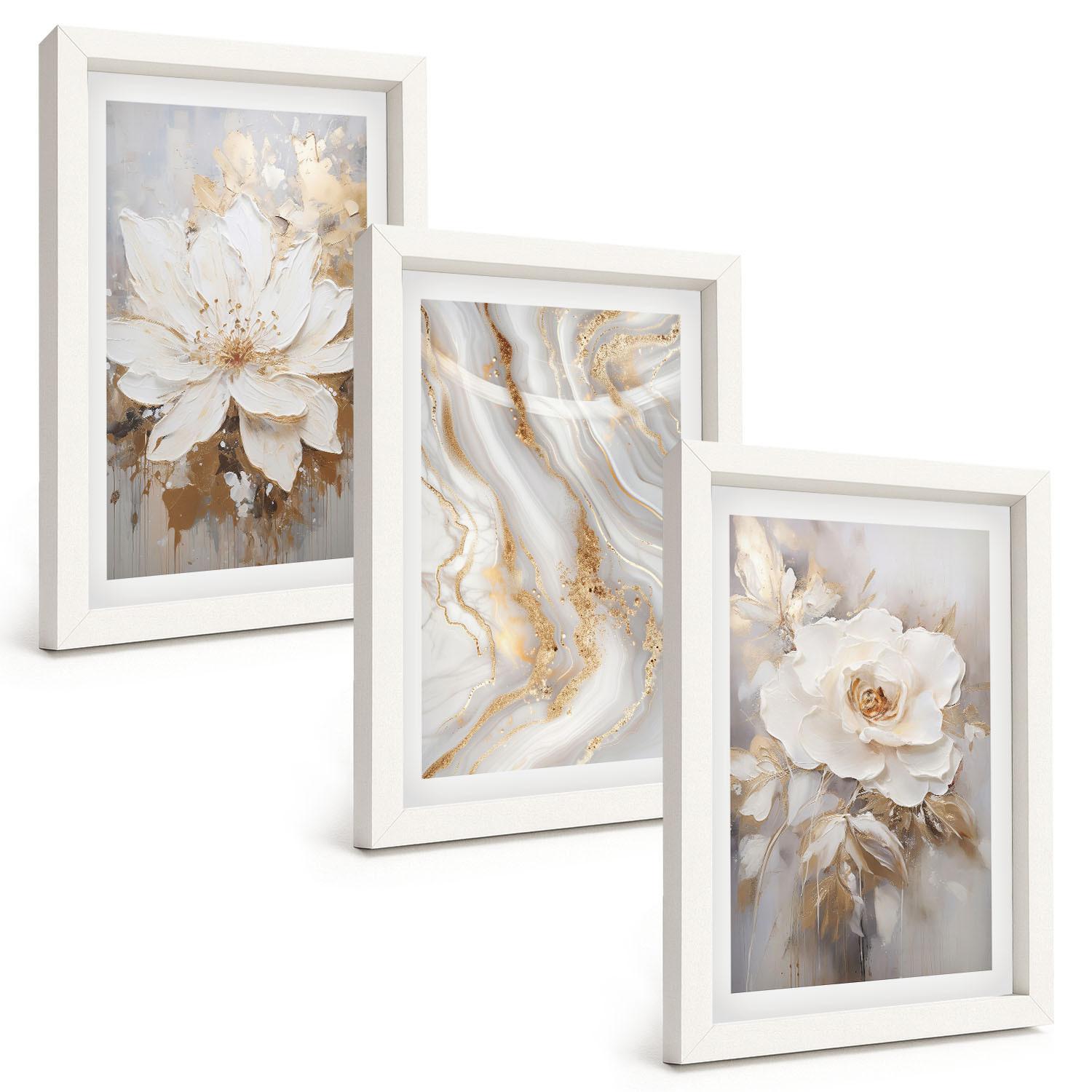 BILDER SET 3er Set - 20x30 cm Weißer Rahmen - Abstrakte Blumen aus Marmor - Weiß, Kunststoff (20/30cm) - TULUP