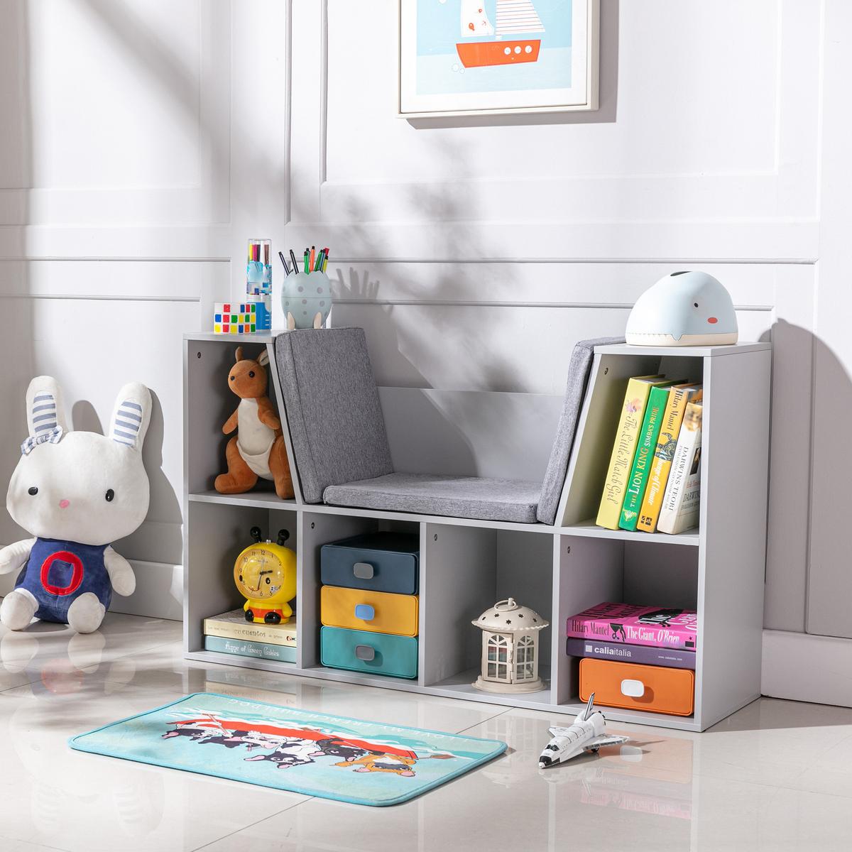 KINDERREGAL 2-in-1 Eckregal mit 6 Fächern Kindersitzbank mit Kissen Grau - Grau, Holzwerkstoff/Textil (30/62/103cm) - HOMCOM