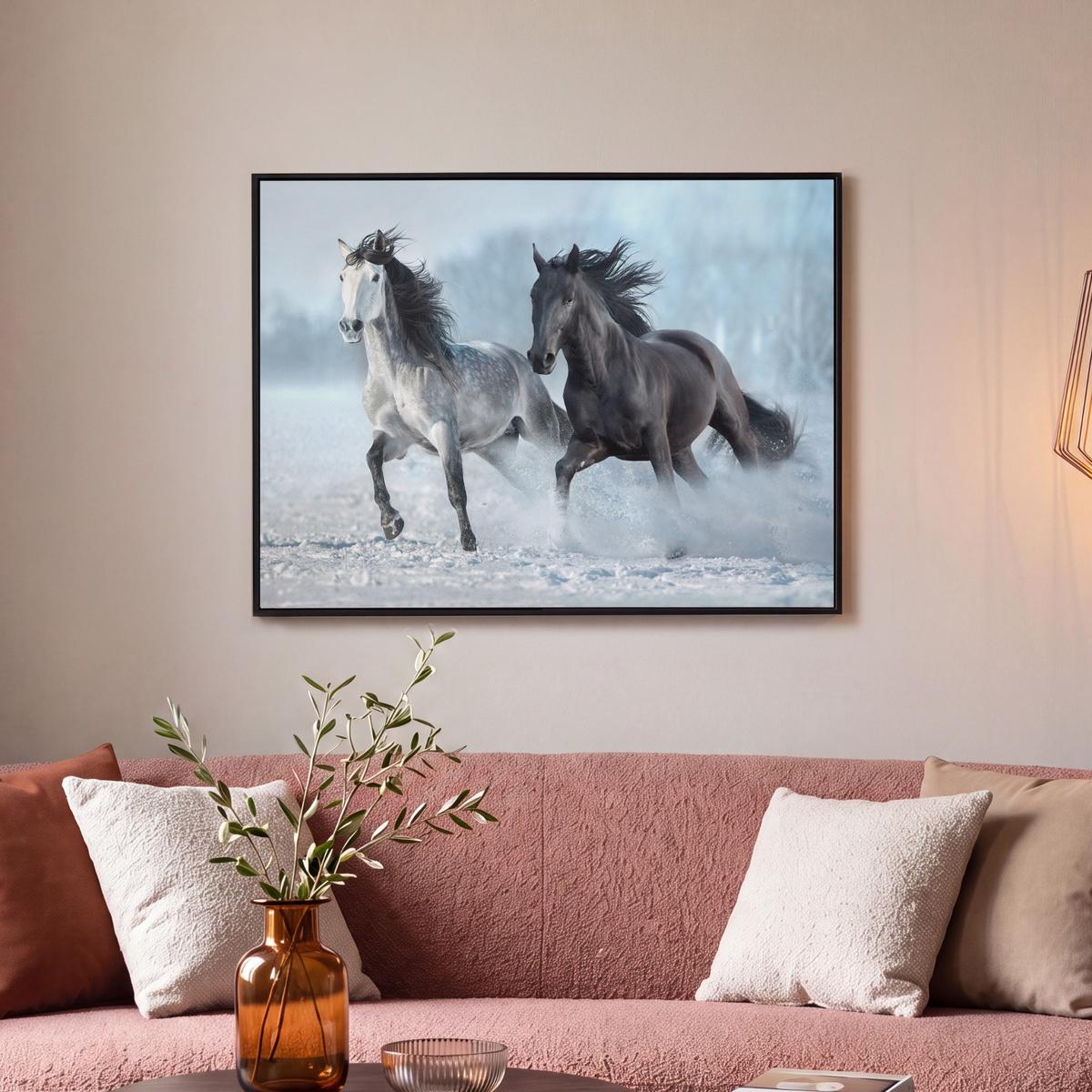 LEINWAND Bilder mit Rahmen - Pferde - Winter - Tiere - Natur - Schnee - 80x60 - Anthrazit, Textil (80/60cm) - MuchoWow