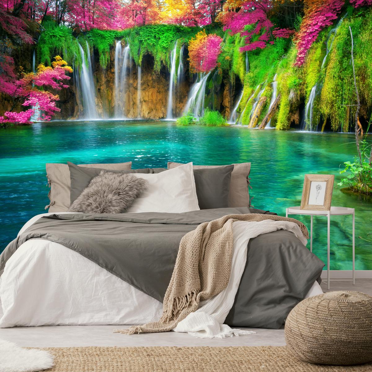 FOTOTAPETE für Küche Exotischer Wasserfall Bäume Pflanzen Tropisch 300x210 - Türkis/Violett, Papier (300/210cm) - Muralo