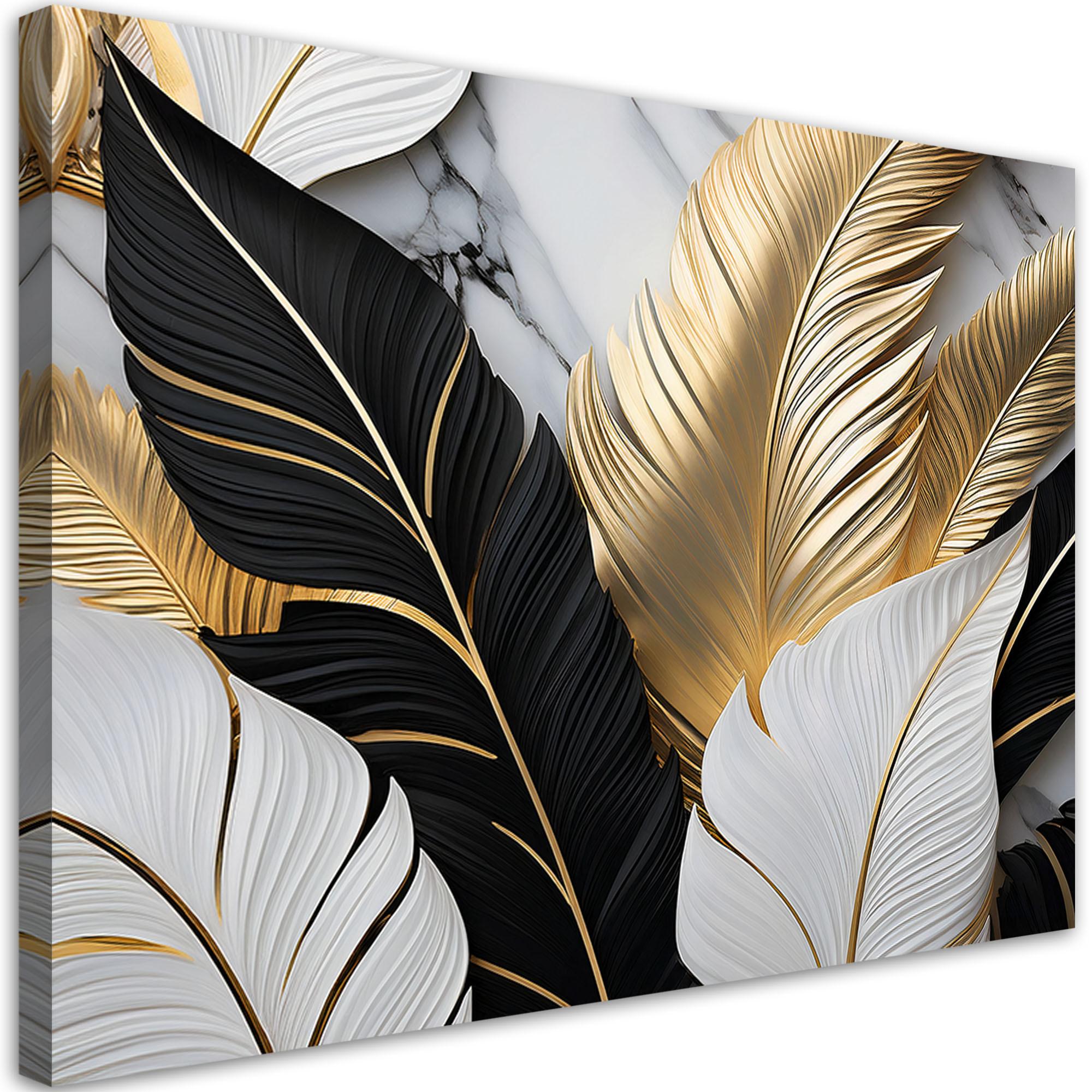 WANDBILD goldene blätter schwarz und weiß auf marmorhintergrund - Weiß, Textil (60/40cm) - Feeby
