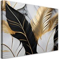 WANDBILD goldene blätter schwarz und weiß auf marmorhintergrund - Weiß, Textil (60/40cm) - Feeby