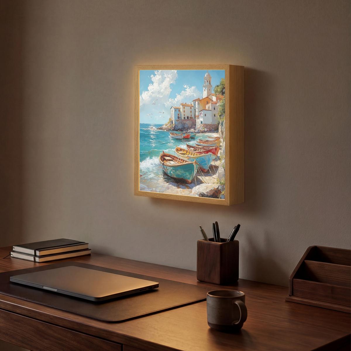 WANDLEUCHTE MIT AKKU Boote - Felsen - Meer - Sonne 30x40 cm - Blau, Holzwerkstoff (30/40/8cm) - OnlyWow
