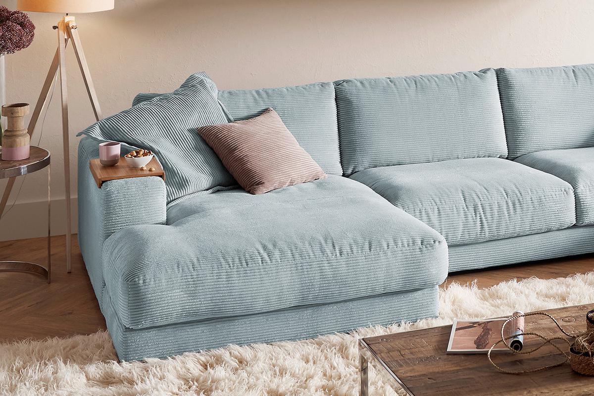WOHNLANDSCHAFT MADELINE Hellblau Cord - Schwarz/Hellblau, Kunststoff/Textil (425/86/224cm) - KAWOLA
