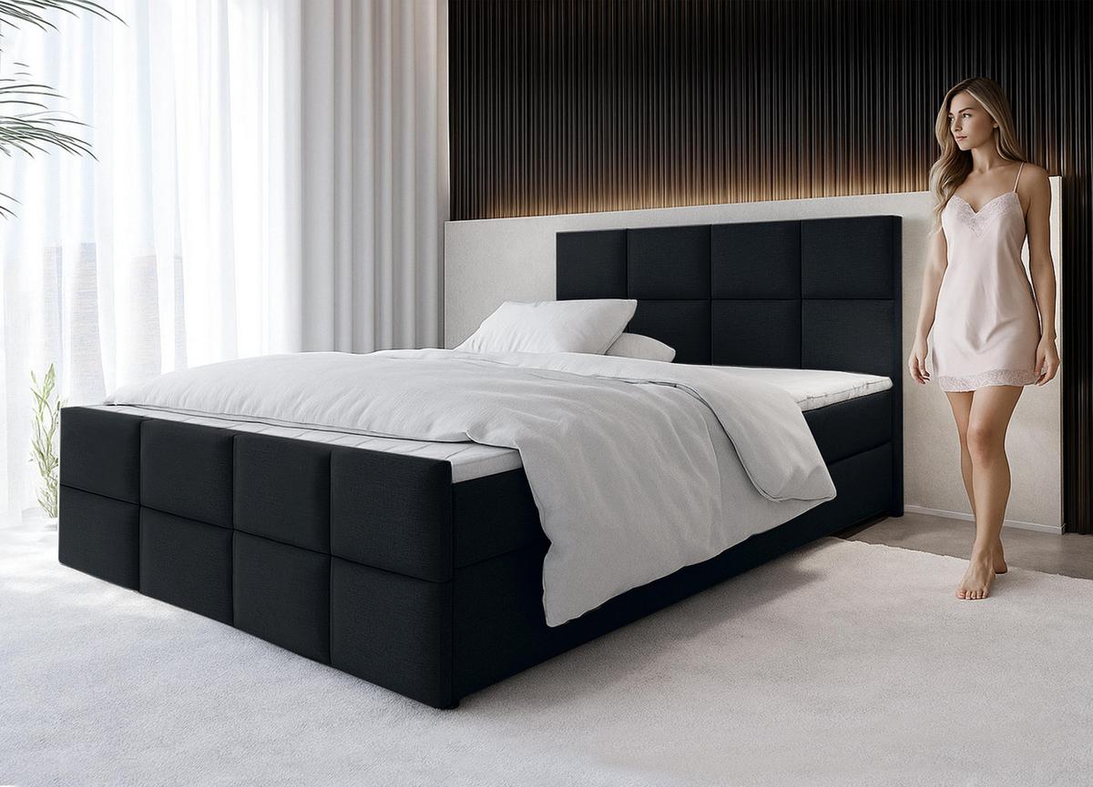 BOXBETT ALEYNA 160x200 cm mit Bettkasten und Matratze - Schwarz + TOPPER - Schwarz, Holz/Holzwerkstoff (160/200cm) - AX Living