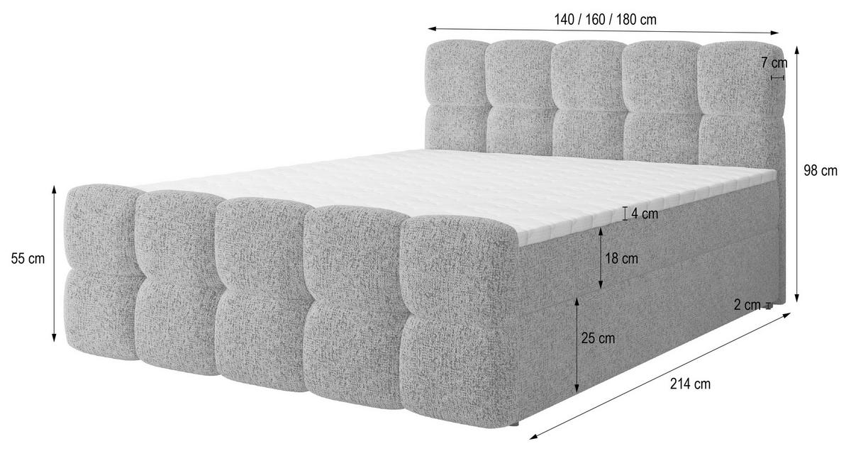 BOXBETT BRUME 180x200 cm mit Matratze und Topper, H2+H3 - Grau - Grau, Holz (180/200cm) - MASSENO