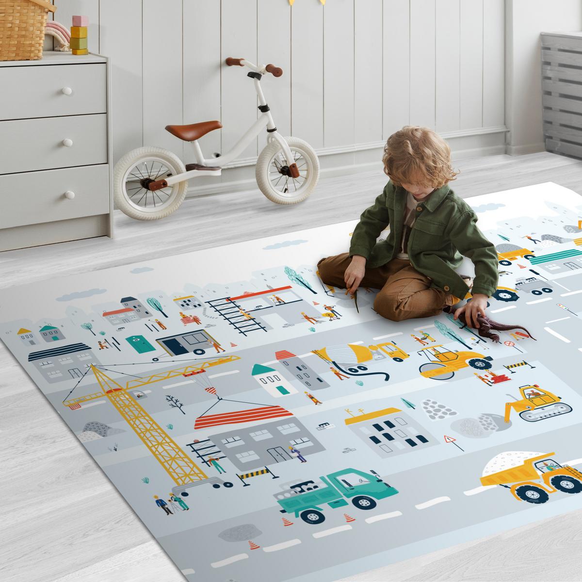 KINDERTEPPICH Baustelle - Traktor - Bagger - Auto - Design Spielteppich 180x120 cm - Hellblau, Kunststoff (180/0.3cm) - OnlyWow