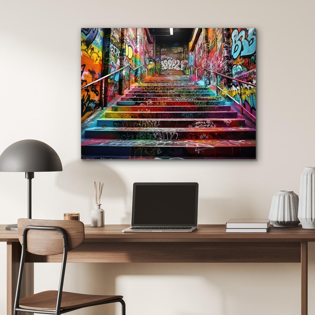 METALLBILD Treppe - Graffiti - Farben - Kunst 80x60 cm - Multicolor, Metall (80/60cm) - MuchoWow