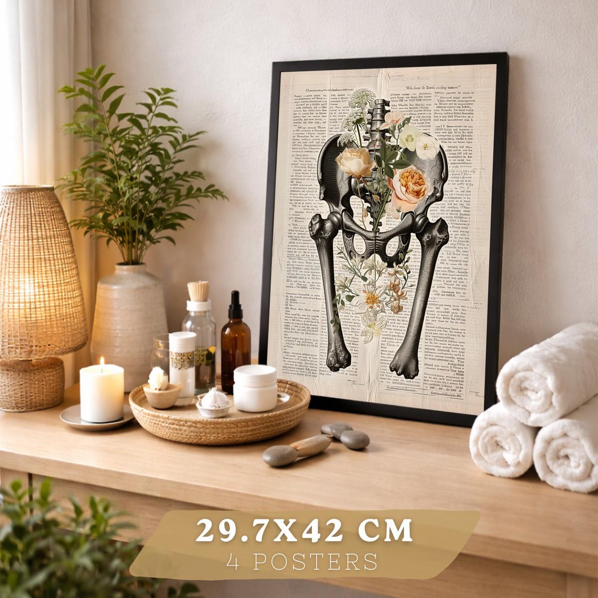 POSTER Set aus 4 Anatomie Drucke und Wandbilder mit Nieren Becken Knochen Hüfte Rippen Wirbelsäule Schädel Antiker Buch Stil Größe Schwarzer Rahmen A3 - Schwarz, Papier (29.7/42/3cm) - Nacnic