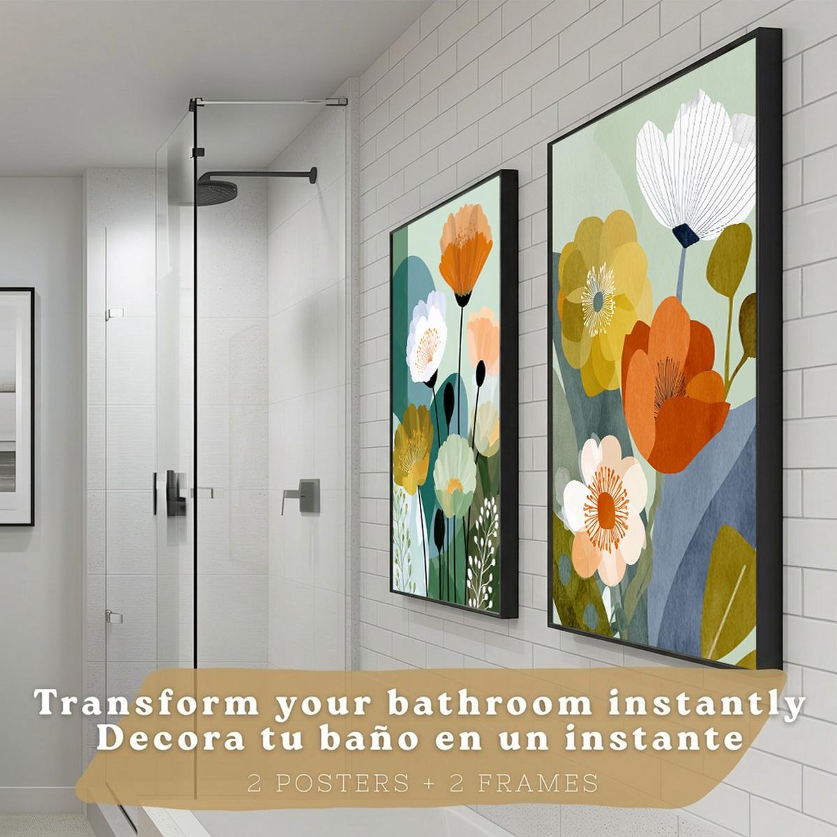 POSTER 2er-Set dekorative Badezimmerdrucke, moderne florale Wandposter für Waschbecken, Dusche, abstrakte florale, nordischer Stil Schwarzer Rahmen A4 - Schwarz, Papier (29.7/21/3cm) - Nacnic