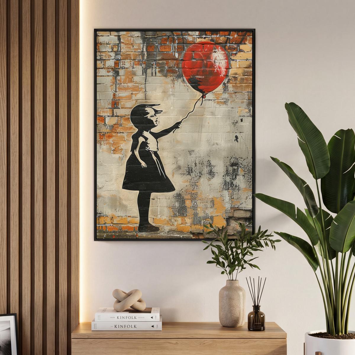 LEINWAND Bilder mit Rahmen - Graffiti - Banksy - Mädchen - Straßenkunst - 70x100 - Sandfarben, Textil (70/100cm) - MuchoWow