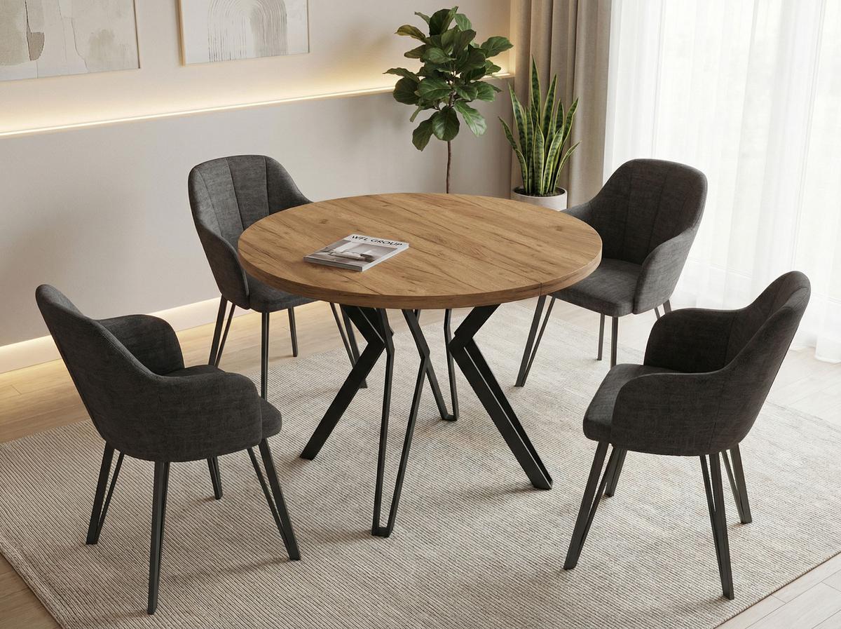 ESSTISCH Revena runder ausziehbarer, Craft Eiche 120-200/120/76 cm - Eiche Wotan/Schwarz, Holzwerkstoff/Metall (120/200/76cm) - WFL GROUP