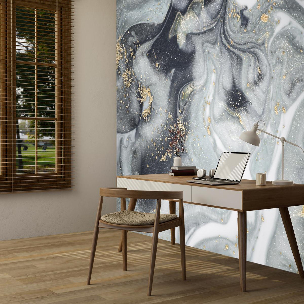 FOTOTAPETE für Badezimmer Luxus Grauer Marmor Muster Goldene Verzierungen 200x140 - Gelb/Weiß, Papier (200/140cm) - Muralo
