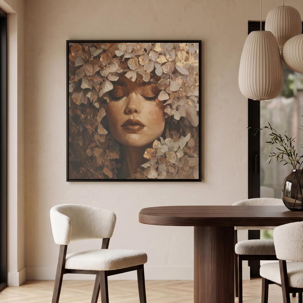 LEINWAND Bilder mit Rahmen - Gesicht - Dame - Blätter - Pinselstriche - 90x90 - Goldfarben, Textil (90/90cm) - MuchoWow