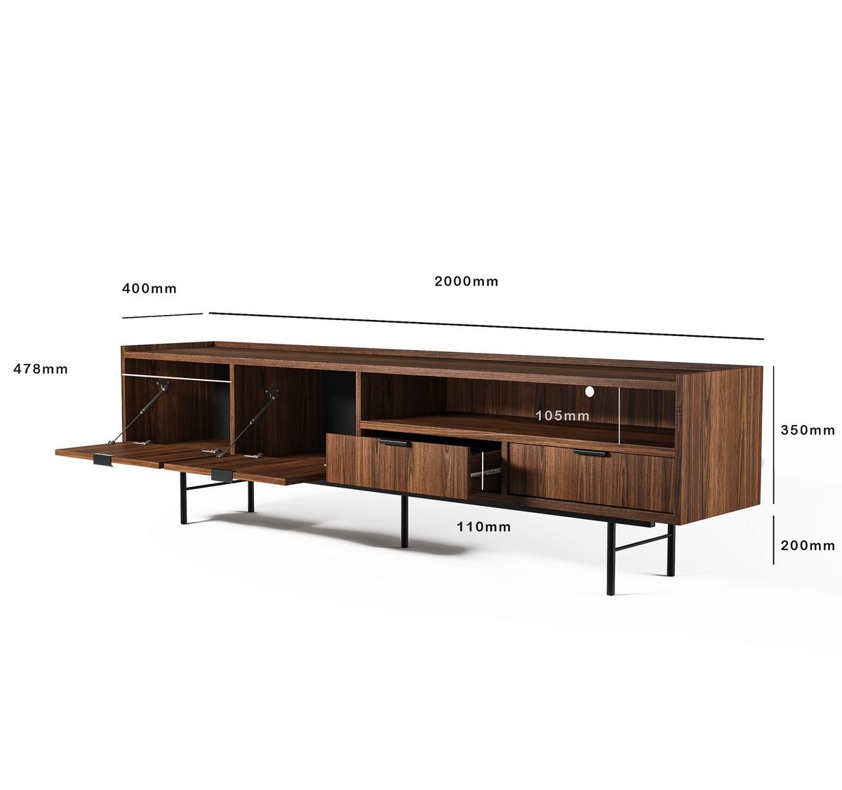 LOWBOARD Nordiva 2T 2S Warmia Walnut 200/55/40 cm – Metallgestell - Walnussfarben/Schwarz, Holzwerkstoff/Metall (200/55/40cm) - AX Living