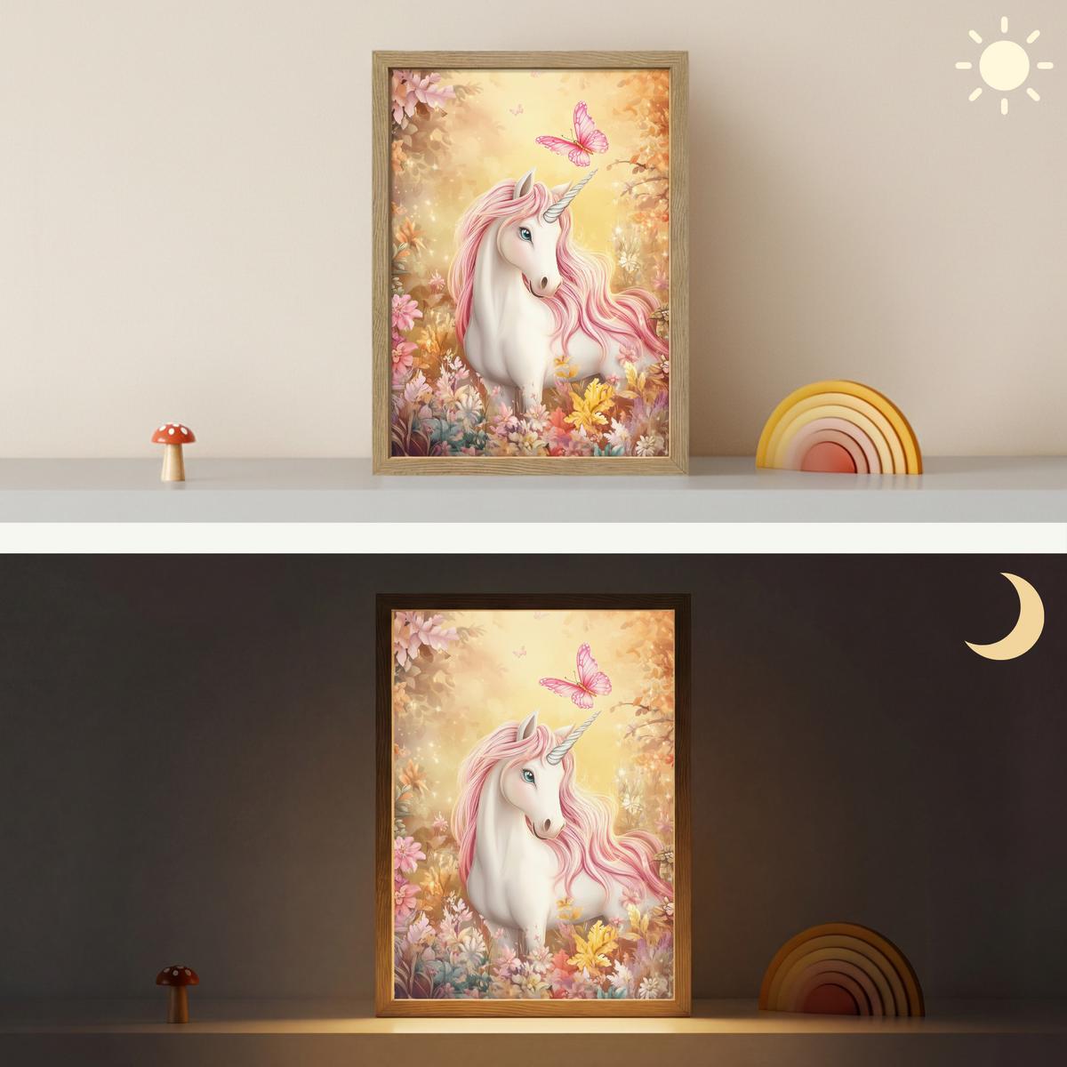 WANDLEUCHTE MIT AKKU Einhorn - Blumen - Schmetterling - Rosa 30x40 cm - Beige, Holzwerkstoff (30/40/8cm) - OnlyWow