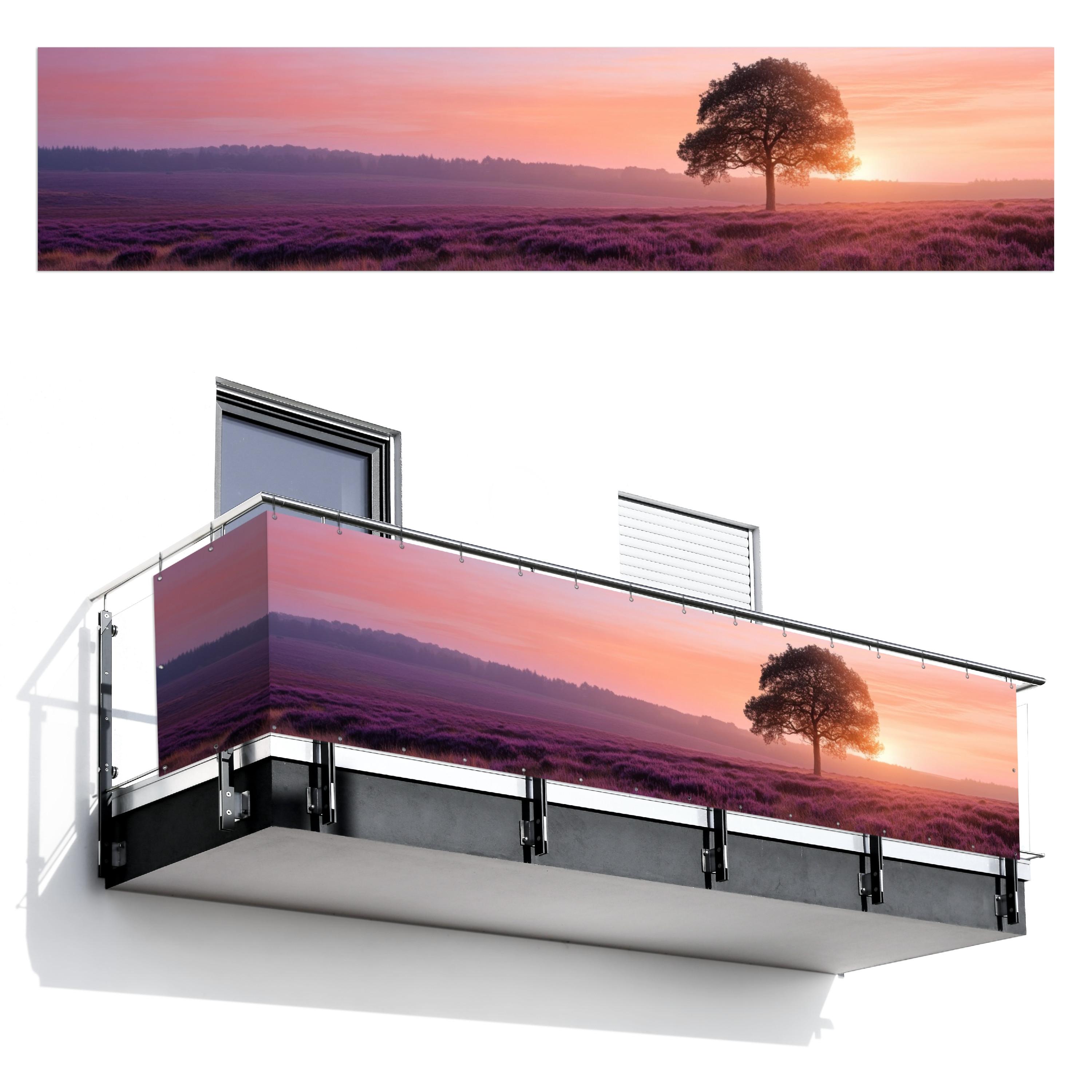 BALKON-SICHTSCHUTZ Baum - Heidekraut - Sonnenaufgang Deko XXL 500x110 cm - Flieder, Kunststoff (500/110cm) - MuchoWow