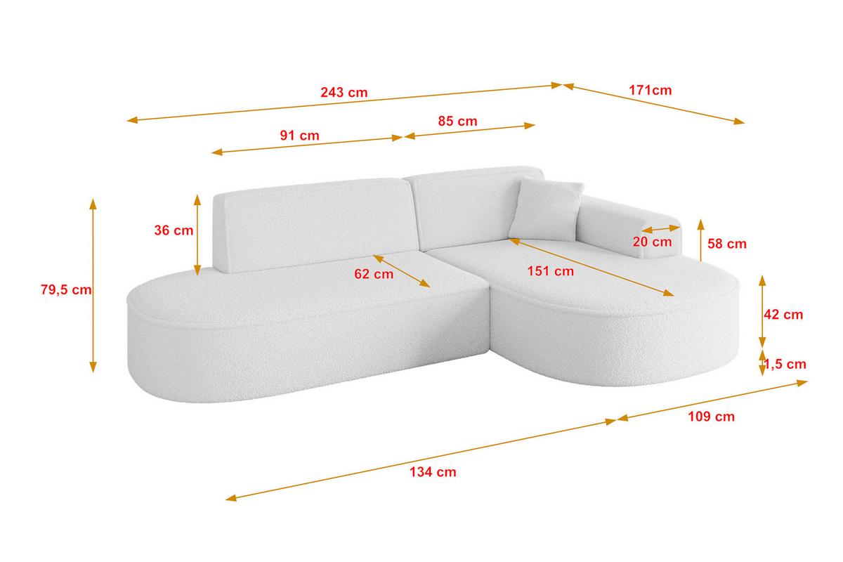 ECKSOFA Ottomane Rechts MARI-L1 - 243x171x79 cm Weiß Bouclé - Schwarz/Weiß, Holzwerkstoff/Kunststoff (234/163cm) - ALTDECOR