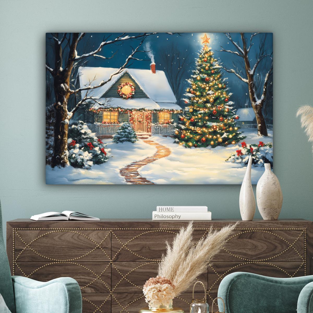 LEINWANDBILD Weihnachten - Weihnachtsbaum - Winter - Zuhause - Schnee Groß 140x90 cm - Smaragdgrün, Textil (140/90cm) - MuchoWow