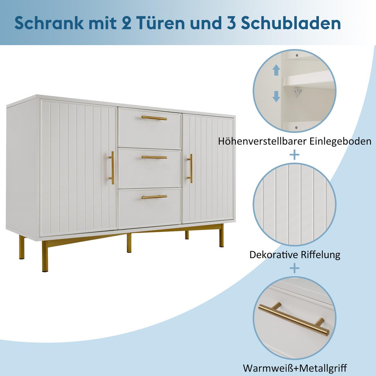 SIDEBOARD holzwerkstoff weiß mit rillenfront, 2 türen & 3 schubladen - Weiß, Holzwerkstoff (120/40/75cm) - Urban Meuble
