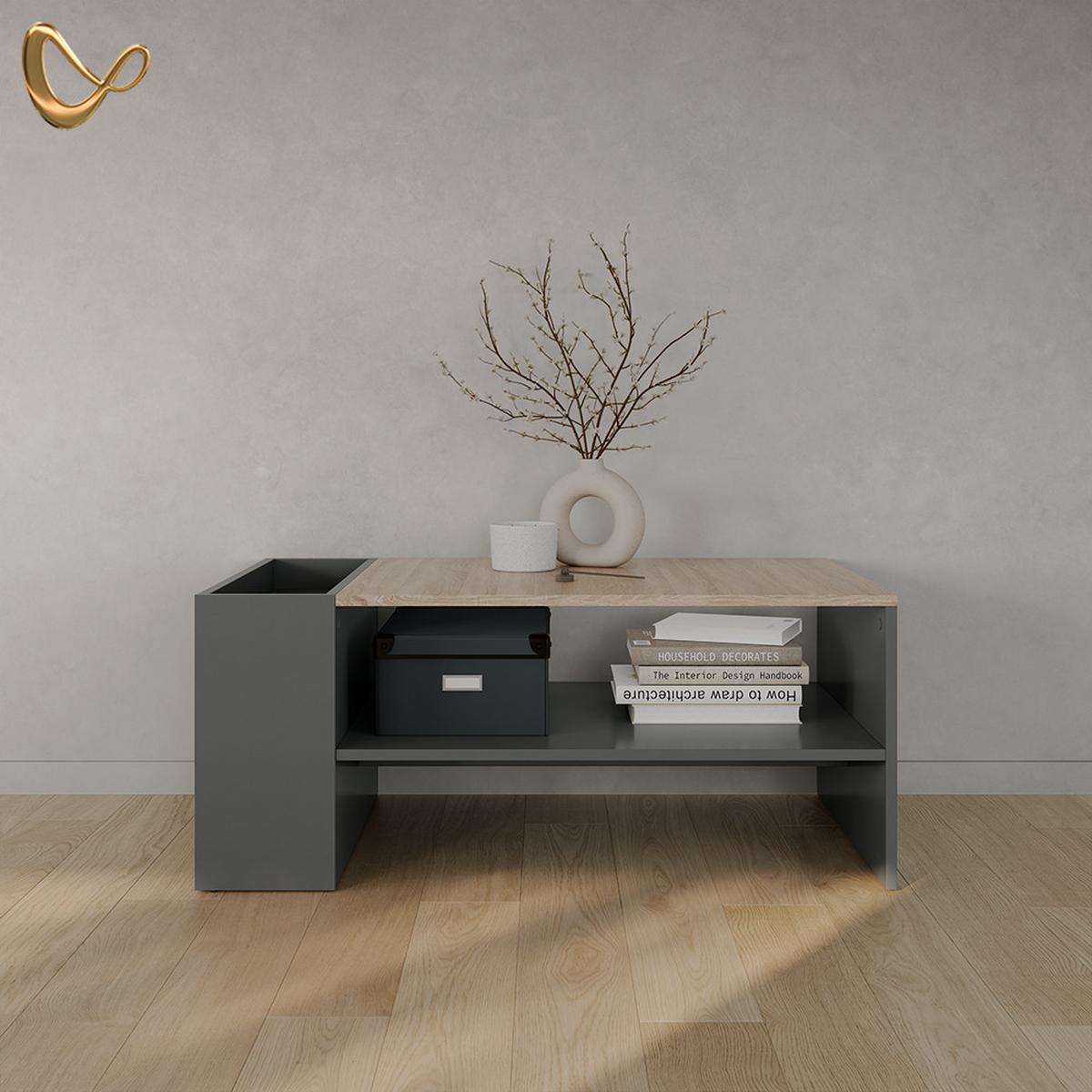 COUCHTISCH Piave Anthrazit/Sonoma mit Regalen - Anthrazit/Sonoma Eiche, Holzwerkstoff (55/100/42cm) - Livinity®