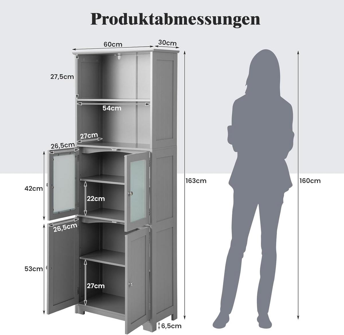 BADSCHRANK Grau - Grau, Holz (60/163/30cm) - COSTWAY